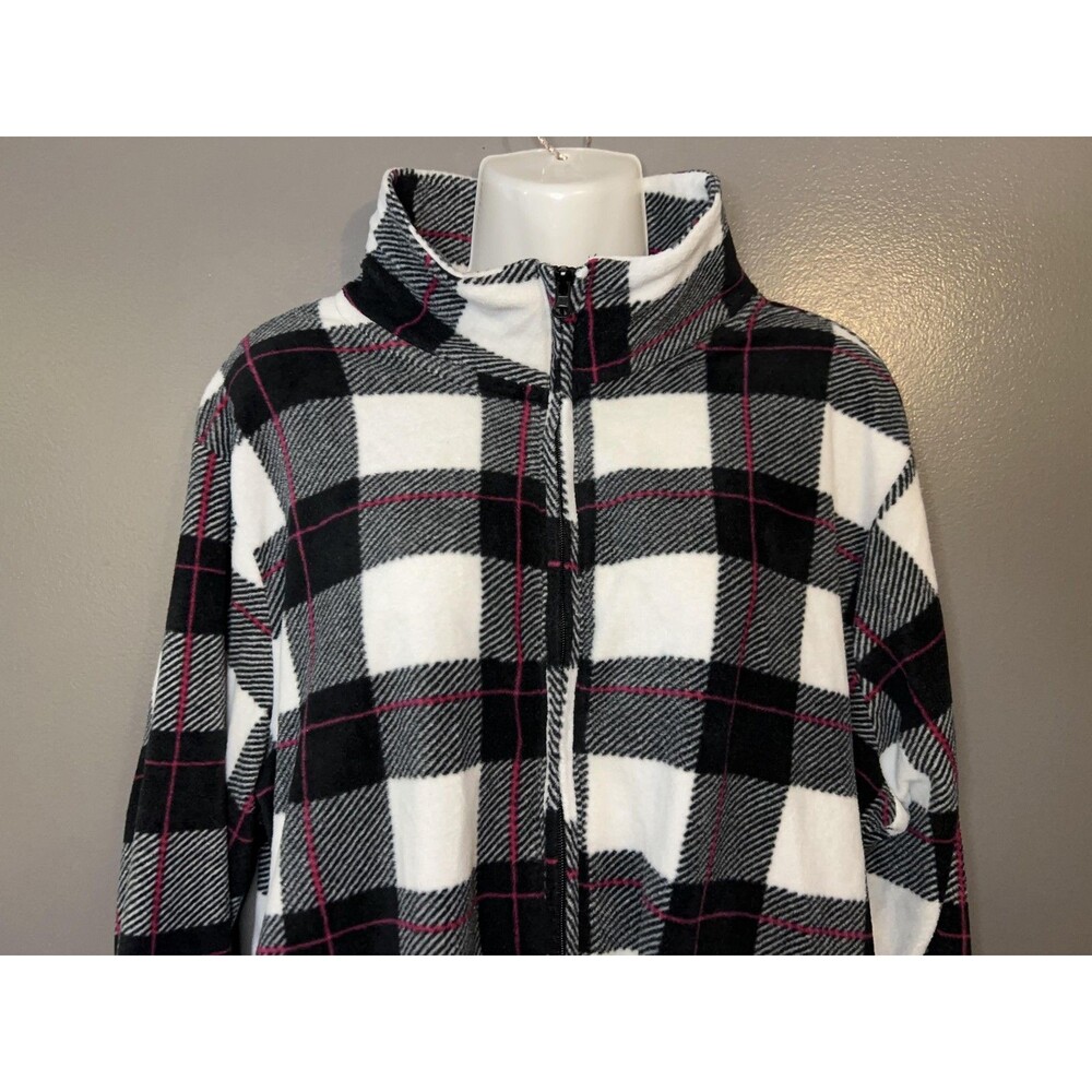 Comfort Corner Jacket Womens Large Black White Buffalo Plaid Fleece Full Zip